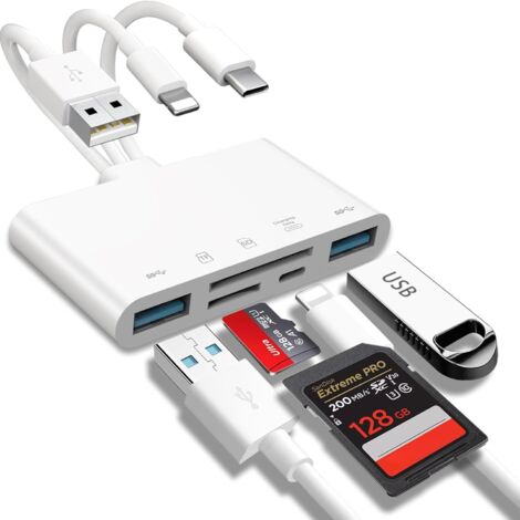 Lecteur de carte mémoire 5 en 1 – Adaptateur USB OTG pour iPhone/iPad – Prend en charge Micro SD jusqu'à 1 To – Transfert rapide de fichiers