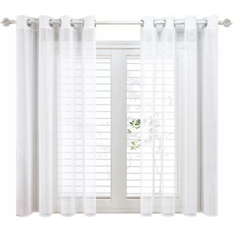 Lot de 2 rideaux voilage blanc 140x160cm – Effet lin imitation – 8 œillets métalliques – Pour fenêtres jusqu'à 100cm
