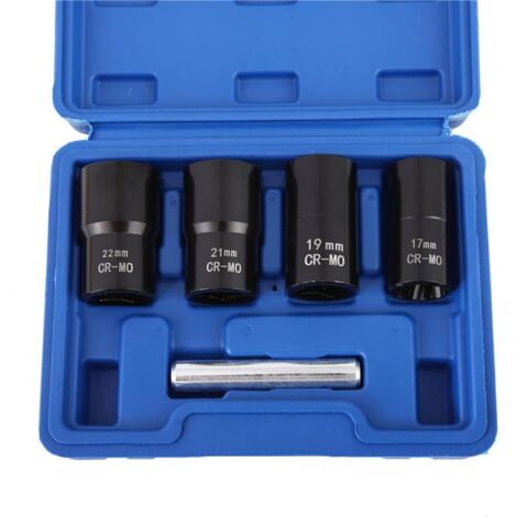 1/2” Drive Impact Bolt Nut Extractor Set, 5pcs Locking Wheel Lug Nut Remover Kit 17mm 19mm 21mm 22mm Twist Socket Tool Set Including a Punch Rod