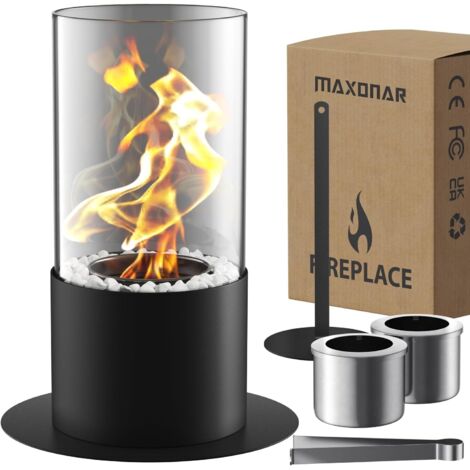 Cheminée bioéthanol portable pour intérieur et extérieur – Durée de combustion 70 minutes – Capacité 140 ml – Verre résistant à la chaleur