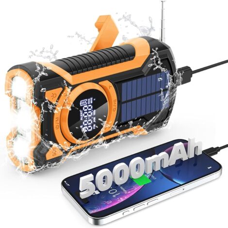 Radio portable rechargeable – 5000mAh power bank – 3 modes de chargement : USB, manivelle, solaire – Alarme SOS – Étanchéité IPX5
