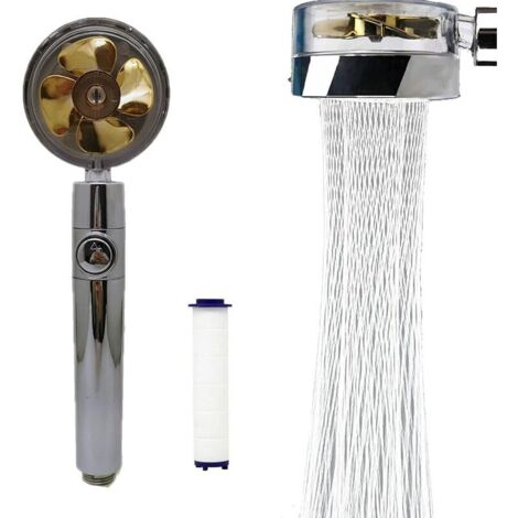 Douche à économie d'eau haute pression, pommeau de douche à main à hélice rotative à 360 degrés avec filtre, pommeau de douche Turbo Spa avec ventilateur et interrupteur (or) (1/5)