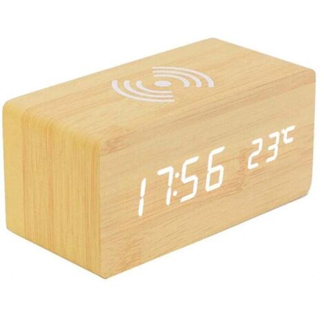 Thermomètre Numérique Réveil Réveil Numérique Bois Réveil À Bois Led Digital Avec Chargeur Sans Fil, Réveil En Bois Avec Chargeur À Induction Chargeur Sans Fil Pour Chambre/Bureau (1/5)