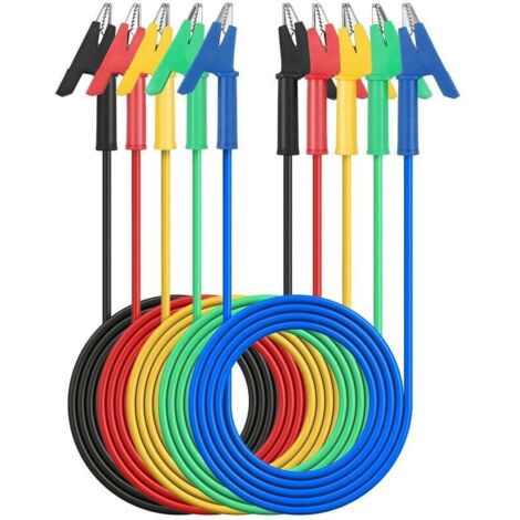 Câbles de test (lot de 5) avec pinces crocodiles isolées, 15 A, en cuivre souple, pour tests électriques. Disponibles en 5 couleurs et d'une longueur de 1 m (3,3 pi). Longueur : 1 m (3,3 pi). (1/5)