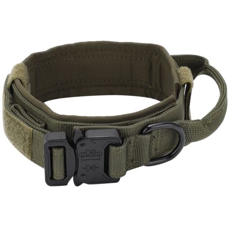 Collier pour chien ajustable en coton résistant, avec boucle métallique, vert armée. (1/5)