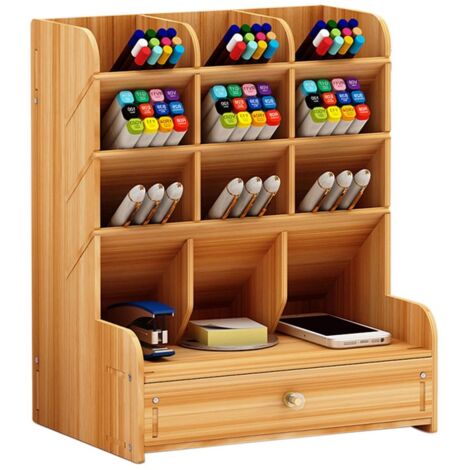 Organiseur de bureau en bois, boîte de rangement pour crayons et fournitures de bureau, accessoires de bureau (1/5)