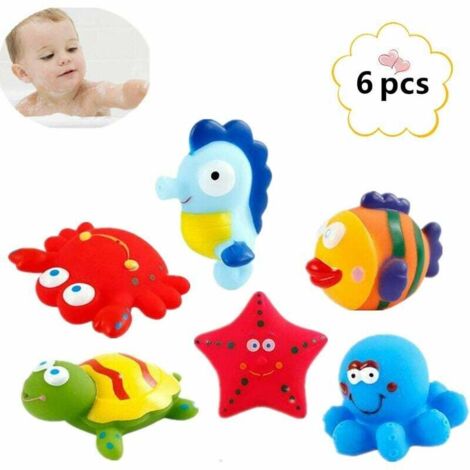 Lot de 6 jouets de bain flottants en caoutchouc PU, animaux marins, jouets de bain doux et arroseurs pour bébés et jeunes enfants. (1/5)