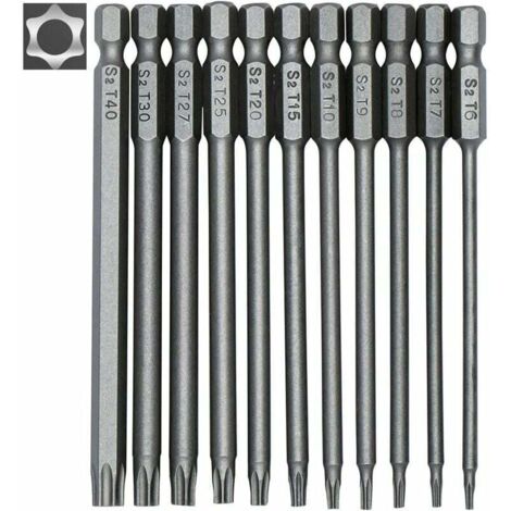 Jeu de 11 embouts longs pour tournevis et visseuses électriques - Embouts magnétiques - Tige hexagonale 1/4" - Tailles T6 à T40 - Longueur 100 mm (1/5)