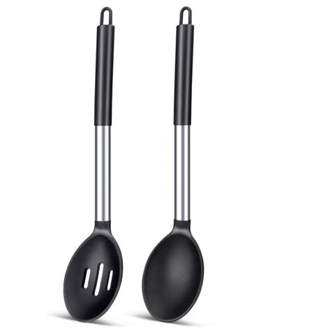 Lot de 2 grandes cuillères de cuisine en silicone, cuillères à badigeonner solides et antiadhésives, ustensiles de cuisine résistants à la chaleur pour mélanger, servir, égoutter et remuer. (1/5)