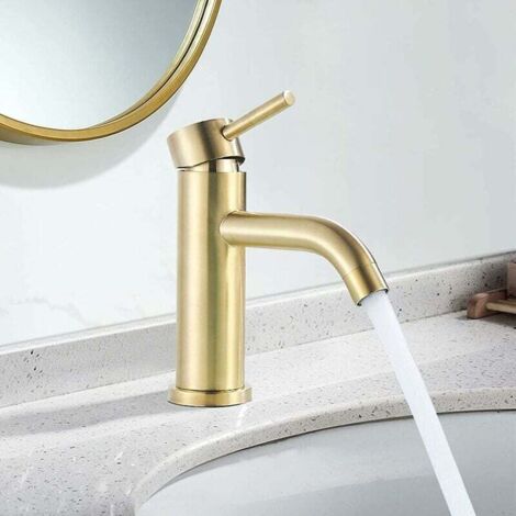 Robinet de salle de bain à commande unique avec tuyau en cuivre, robinet d'évier eau chaude/eau froide, plaqué or brossé (1/5)