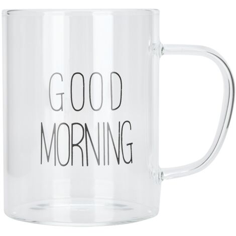 Mug transparent de 350 ml avec anse, style café au lait, en verre, avec inscription noire. (1/5)