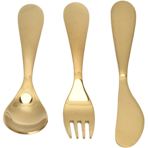 Ensemble de couverts de cuisine en acier inoxydable 304 pour enfants, comprenant fourchette, cuillère et couteau, couleur or.
