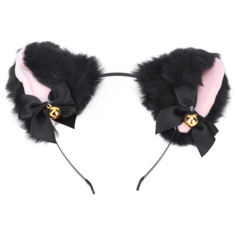 Serre-tête oreilles de chat duveteuses, mignon et en peluche, avec clochette, idéal pour Halloween, cosplay et fêtes costumées (noir) (1/5)