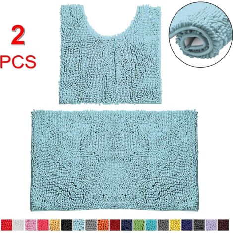 Ensemble de tapis de bain en chenille, tapis de douche doux et antidérapant + tapis de toilette. (Bleu SPA) (1/5)