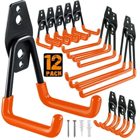 Lot de 12 crochets de garage, crochets muraux de rangement robustes en acier, support et organisateur pour outils électriques, échelles, objets encombrants, vélos, cordes et autres équipements.