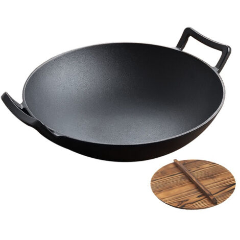 Wok en fonte robuste de 35,5 cm (14 pouces) avec couvercle en bois (2 pièces) (1/5)