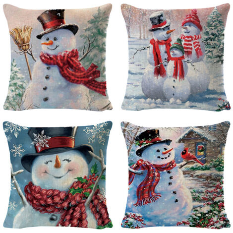 Lot de 4 housses de coussin décoratives bonhomme de neige de Noël, 45 x 45 cm, pour canapé ou lit (motif bonhomme de neige de Noël). (1/5)