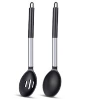 Lot de 2 grandes cuillères de cuisine en silicone, cuillères à badigeonner solides et antiadhésives, ustensiles de cuisine résistants à la chaleur pour mélanger, servir, égoutter et remuer.
