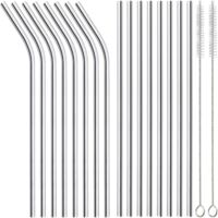 Lot de 18 pailles réutilisables en métal - Pailles en acier inoxydable pour smoothies et cocktails - 8 pailles droites + 8 pailles courbées - Avec 2 goupillons de nettoyage - Argent
