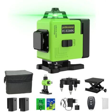Niveau laser 4 x 360°, avec 16 lignes laser vertes 4D horizontales et verticales, 2 piles 2400 mAh, télécommande