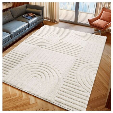 Tapis scandinave effet 3D graphique crème 60x110 cm – Hauteur de velours 8 mm – Dossier en jute – Anti-absorbant et antisalissure – Allotapis