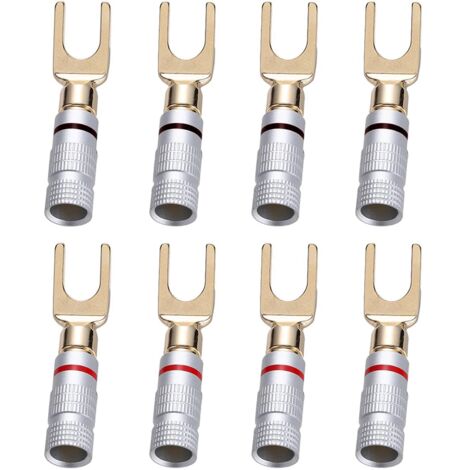 8 Piezas Conectores Y en Forma de U a 45° para Cable de Altavoz, 4 Negros y 4 Rojos, Resistente a la Corrosión. (1/4)
