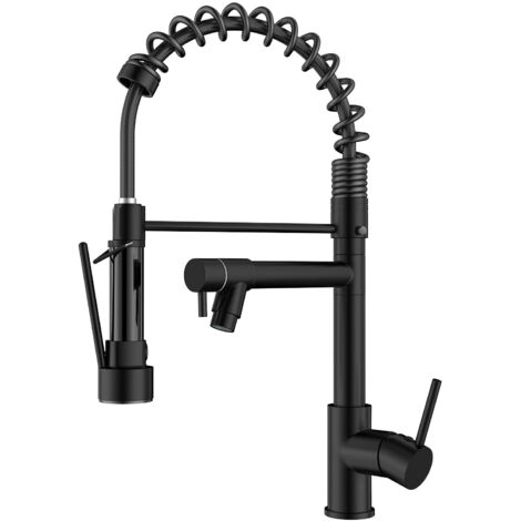Grifo de Cocina Negro, Mezclador de Dos Mandos, Giratorio 360° con Doble Pulverización (1/4)