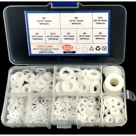 500 Piezas Arandelas de Nylon Plástico M2 M2.5 M3 M4 M5 M6 M8 M10, Juego de Ensamblaje para Tornillos, Blanco (1/4)