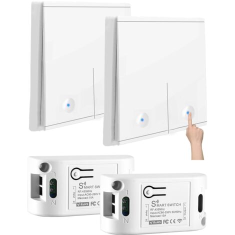Interruptor inalámbrico 230V 10A, kit sin pilas con 2 receptores 433MHz 10A y 2 mandos murales bidireccionales para lámparas de 200-2000W (alcance 50m). (1/4)
