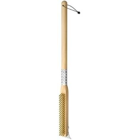 Pizzasteinbürste mit Messer, Messingborsten & Edelstahlkratzer, Grillreiniger mit Holzgriff (1/4)