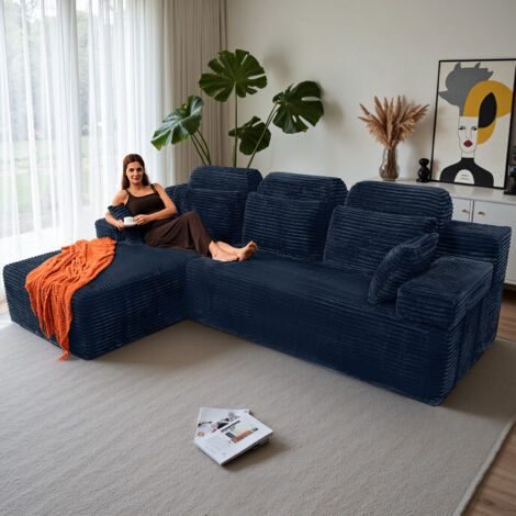 Canapé d'angle réversible avec méridienne, canapé modulairee dossier haute, canapé-lit à assise profonde sans assemblage bleu
