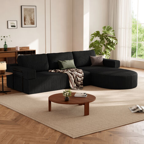 Canapé d'angle réversible 265x75x 38cm, canapé modulaire compressé sans ossature bois, canapé en forme de L Noir en velours côtelé