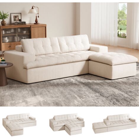 Canapé d'angle beige modulable de 215x175x48cm, repose-pieds amovible, canapé moderne en forme de L Cloud avec assise profonde