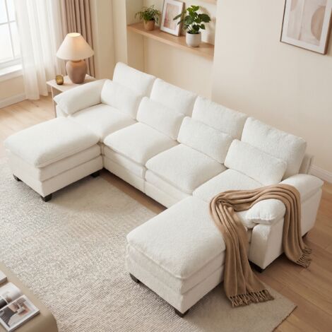 Canapé d'angle modulable super grande en forme U,coussin de siège nuage double couche, 2poufs amovible, Tissu en velours Teddy beige
