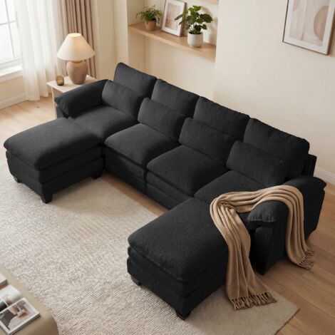 Canapé d'angle modulable super grande en forme U,coussin de siège nuage double couche, 2poufs amovible, Tissu en velours Teddy Noir (1/5)