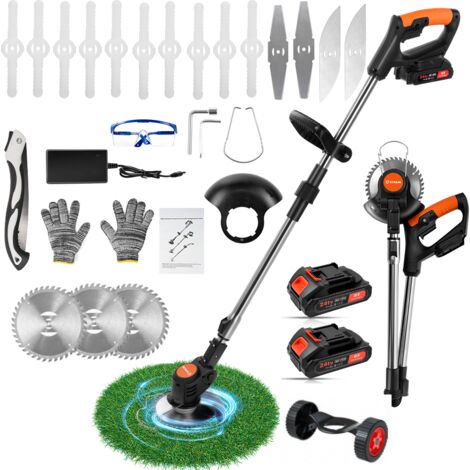 coupe Bordures Sans Fil POWTOOLS Debroussailleuse Electrique 21V avec 2 Batteries 5 Types de Lames Roues Réglable ,Perche Pliable