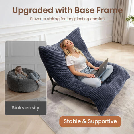Pouf géant 3 en 1 convertible en velours côtelé gris, housse lavable en machine, socle en métal robuste – idéal pour salon ou chambre