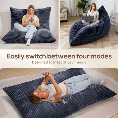 Pouf Géant Gris 3 en 1 Convertible – Velours Côtelé, 1 Place, Canapé Lit et Fauteuil de Sol Confortable, Housse Lavable en Machine