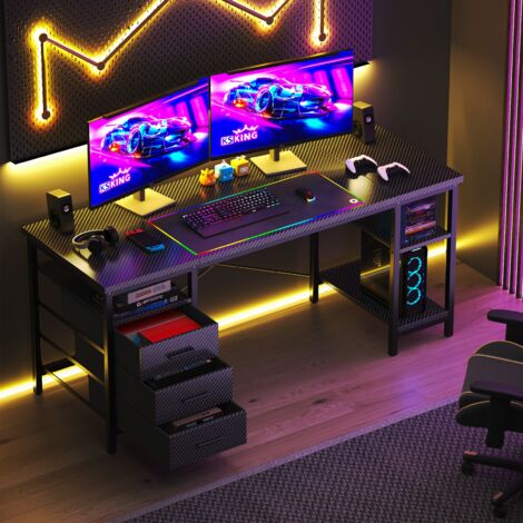 Bureau d'ordinateur, Bureau Gaming de 120 cm , bureau d'étude à 3 tiroirs, avec 3 Étagères Rangement Noir