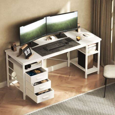 Bureau d'ordinateur, Bureau Gaming de 120 cm , bureau d'étude à 3 tiroirs, avec 3 Étagères Rangement blanc