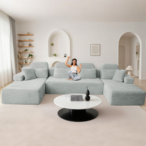 Canapé modulaire super grand en U avec 2 méridiennes, confortable en velours côtelé mousse à mémoire de forme,sans assemblage Gris