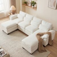 Canapé d'angle modulable super grande en forme U,coussin de siège nuage double couche, 2poufs amovible, Tissu en velours Teddy beige