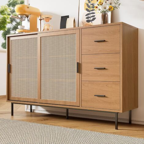 Buffet - Meuble de rangement avec 2 portes coulissantes et étagères réglables, buffet de salle à manger style rustique - 140 x 37 x 91 cm - Couleur naturelle (1/5)