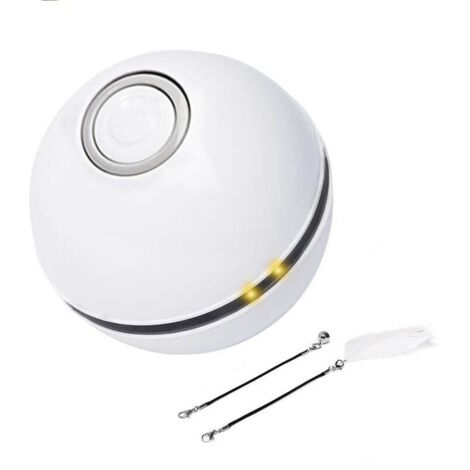 Balle électrique pour chat, en plastique, rechargeable par USB, 6 x 6 cm, adaptée aux chats, avec LED, avec 2 accessoires, cloche et plume, faible bruit, blanche