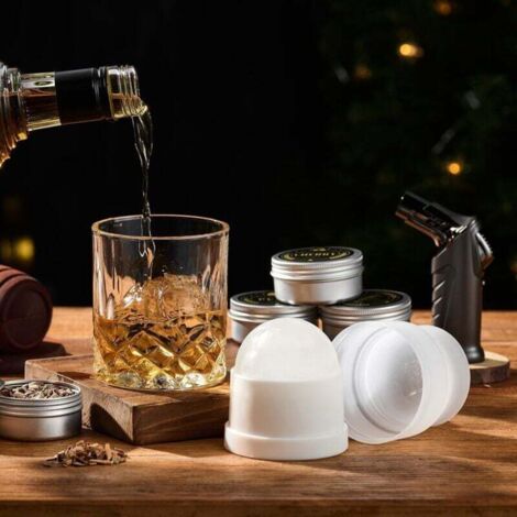 Kit Fumoir à Cocktail MIXOLOGIC - 4 Copeaux Bois (Cerise, Chêne, Pécan, Pomme) + 4 Couvercles Verre - Infuseur Fumée Whisky