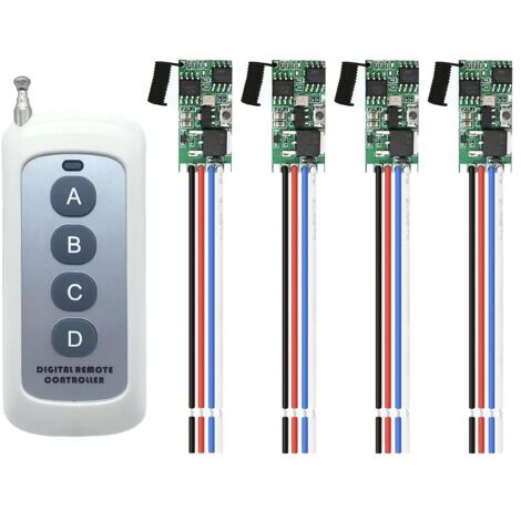 Interrupteur sans fil miniature 12 V, interrupteur unidirectionnel sans fil à 4 canaux (quatre modules + une télécommande)