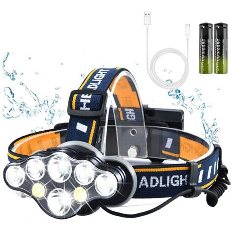Lampe Frontale LED Rechargeable, Ultra Puissante Lampe à 8 Del de , Torche Frontale Étanche et Léger, Parfait pour Le Camping, la Pêche, la Cave, Le Jogging et la Randonnée [Classe énergétique A+++]