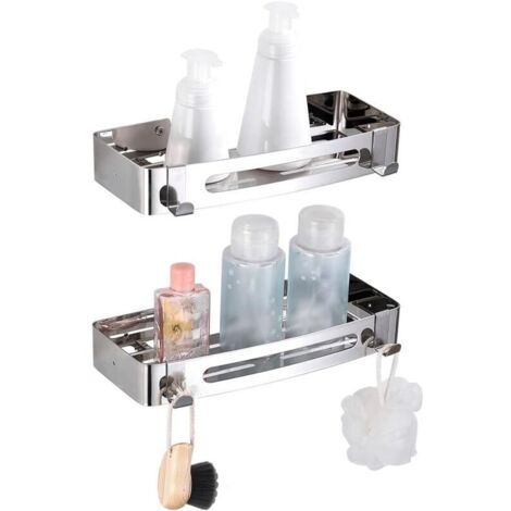 2Packs Colle Étagère de Salle de Bain sans Perçage, Panier de Douche en Acier Inoxydable 304, Panier de Rangement D'organisateur de Douche pour Shampooing (Rectangle)-Ineasicer (1/4)