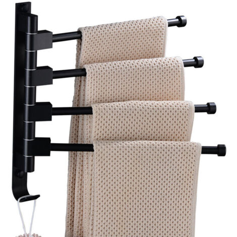 Porte-serviettes pivotant à fixation murale pour salle de bain - Support rotatif pour économiser de l'espace - 4 bras - Noir
