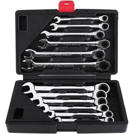 12 Pièces Clé à cliquet Kit d'outils 8–19mm Clé Mixte Professionelle Clé à Cliquet Cle Plate a Cliquet avec Valise à Outils, Angle de retour 5°, cliquet de qualité 72 dents (1/4)